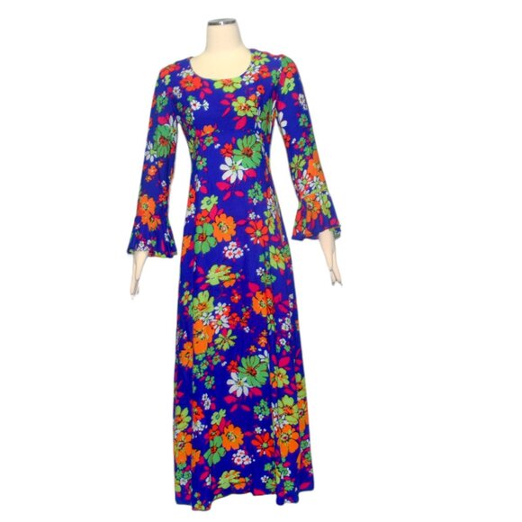 Vintage Maxi Dress Flower Power Print Long Sleeves 60s 70s Park East by Swirl M - Picture 9 of 9